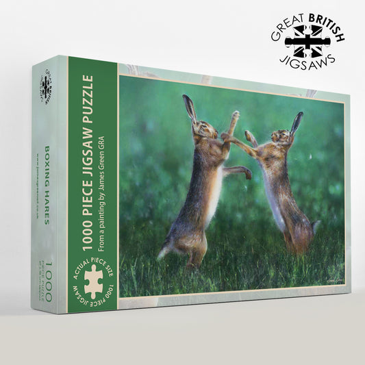 1000 piece puzzle showing a pair of hares boxing with a green background 