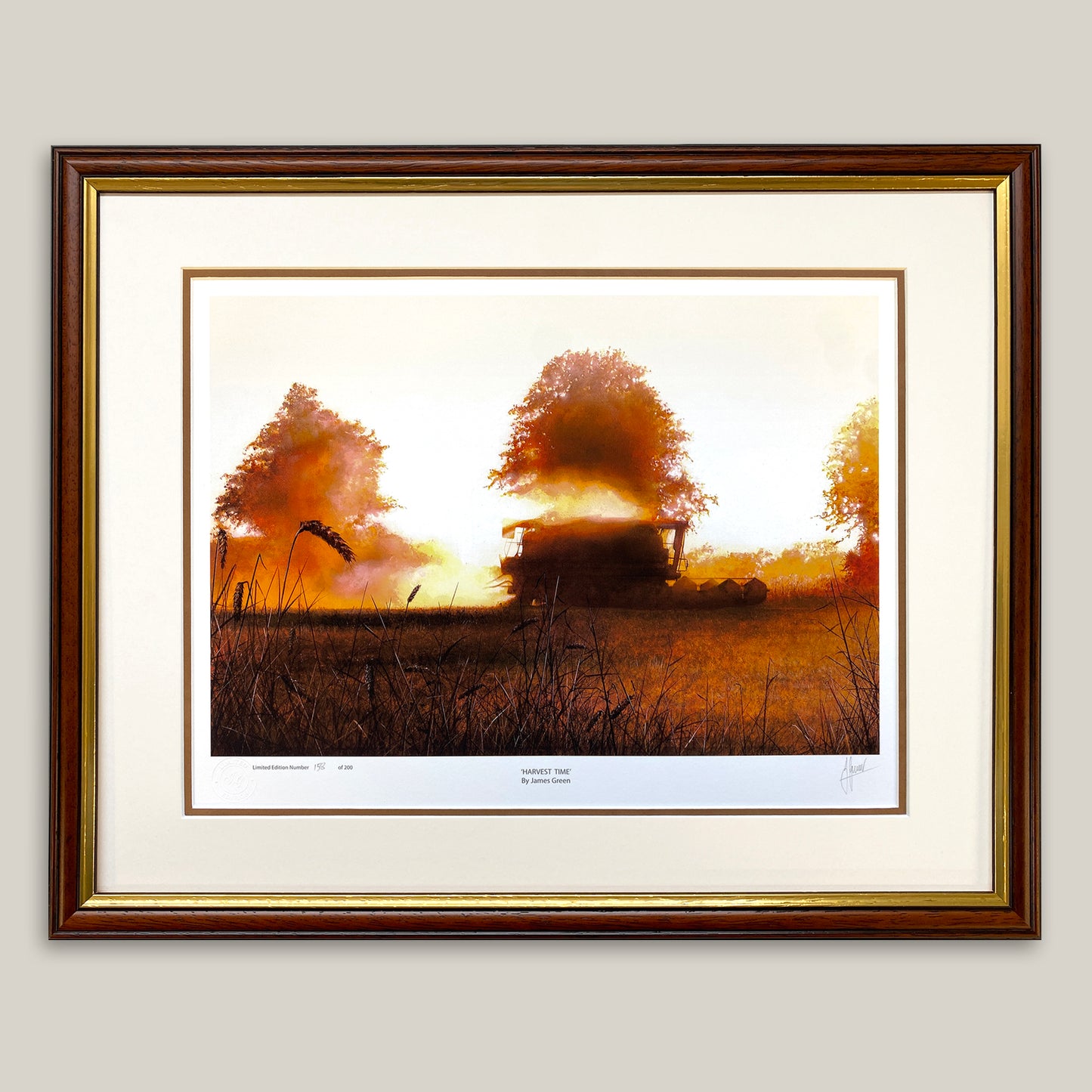 wooden framed painting of a combine harvester 