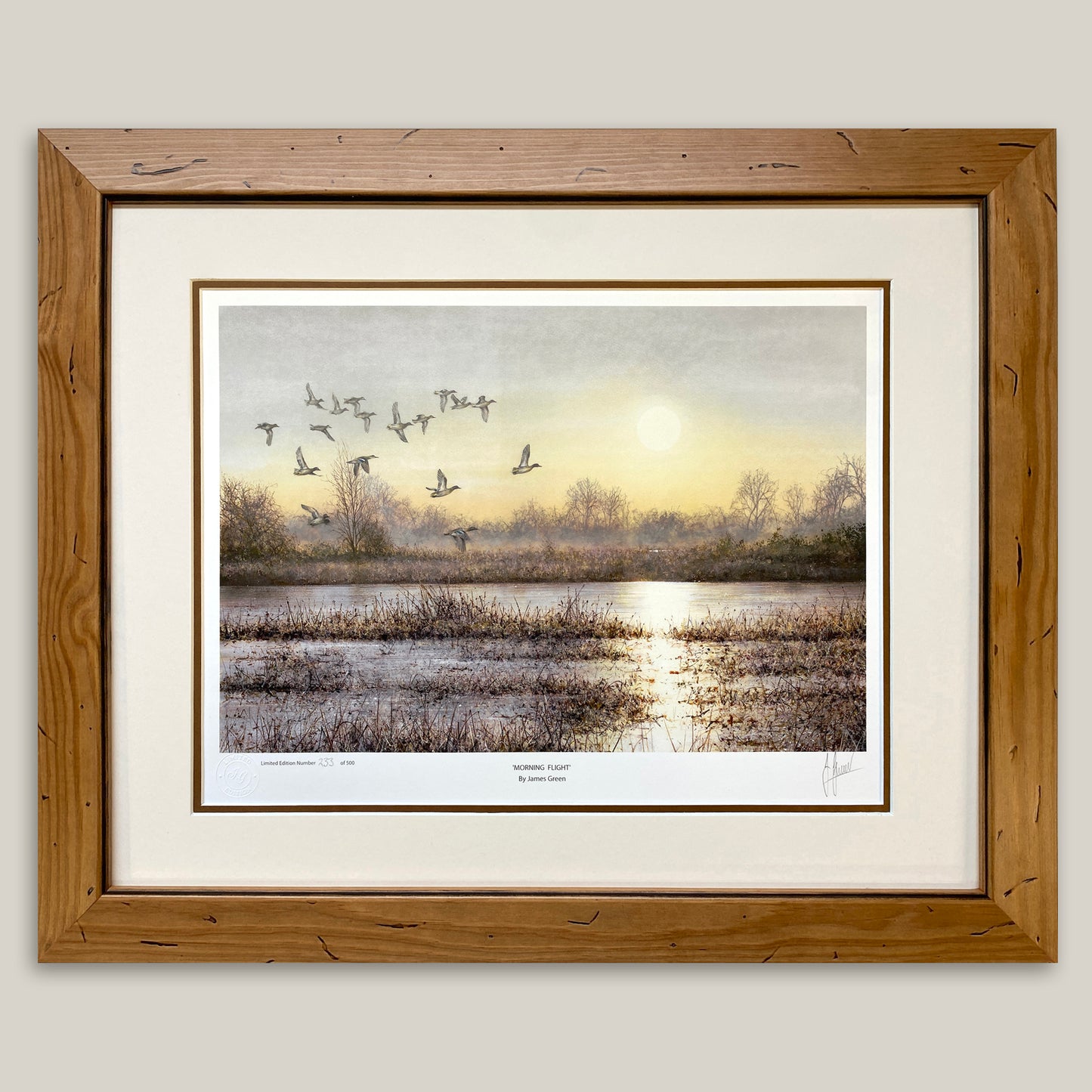 Framed print showing a flock of Teal in flight over Whittlesey Wash