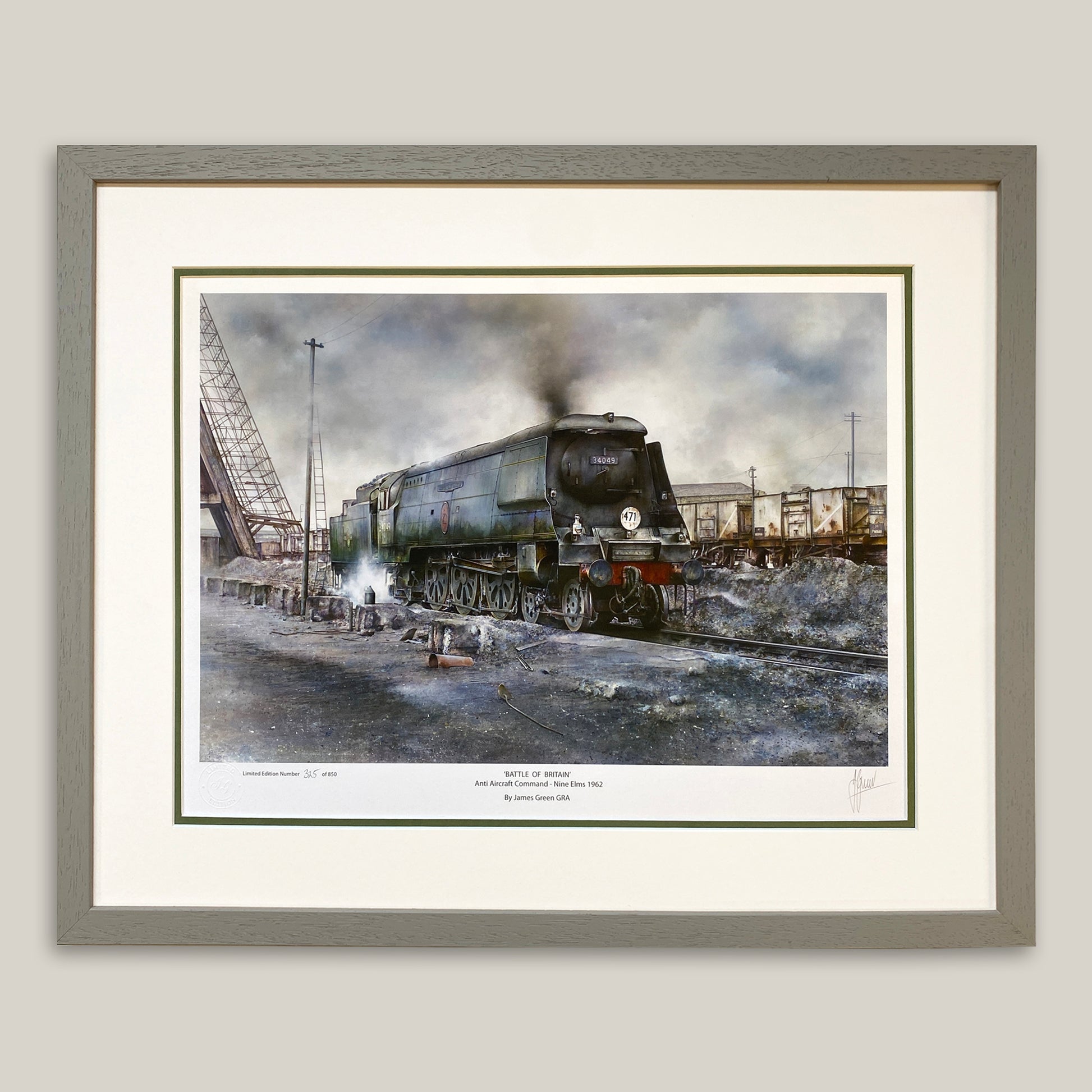 james green steam train railway painting at nine elms in a grey frame