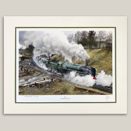 painting of two steam trains double heading at Bury 
