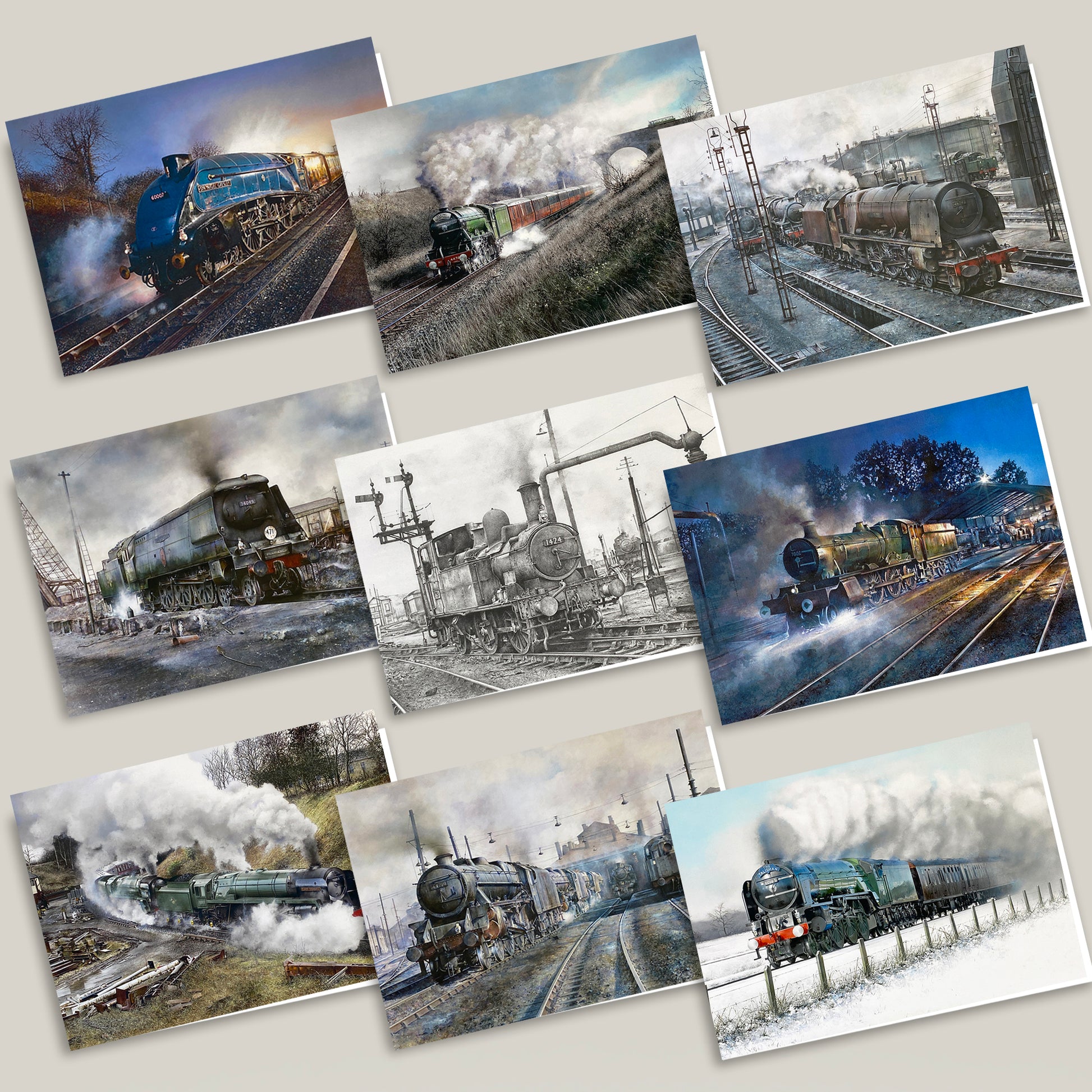9 greeting cards with paintings of steam trains on