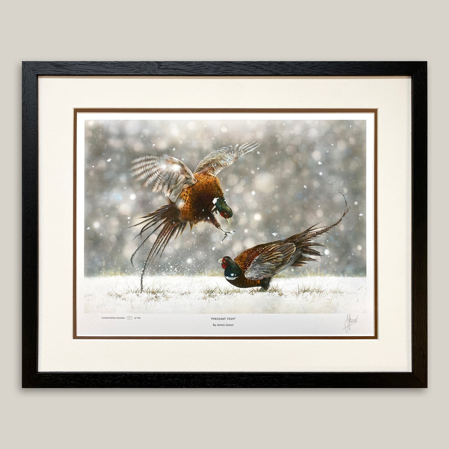 framed limited edition print of two pheasants in the snow by the artist James Green
