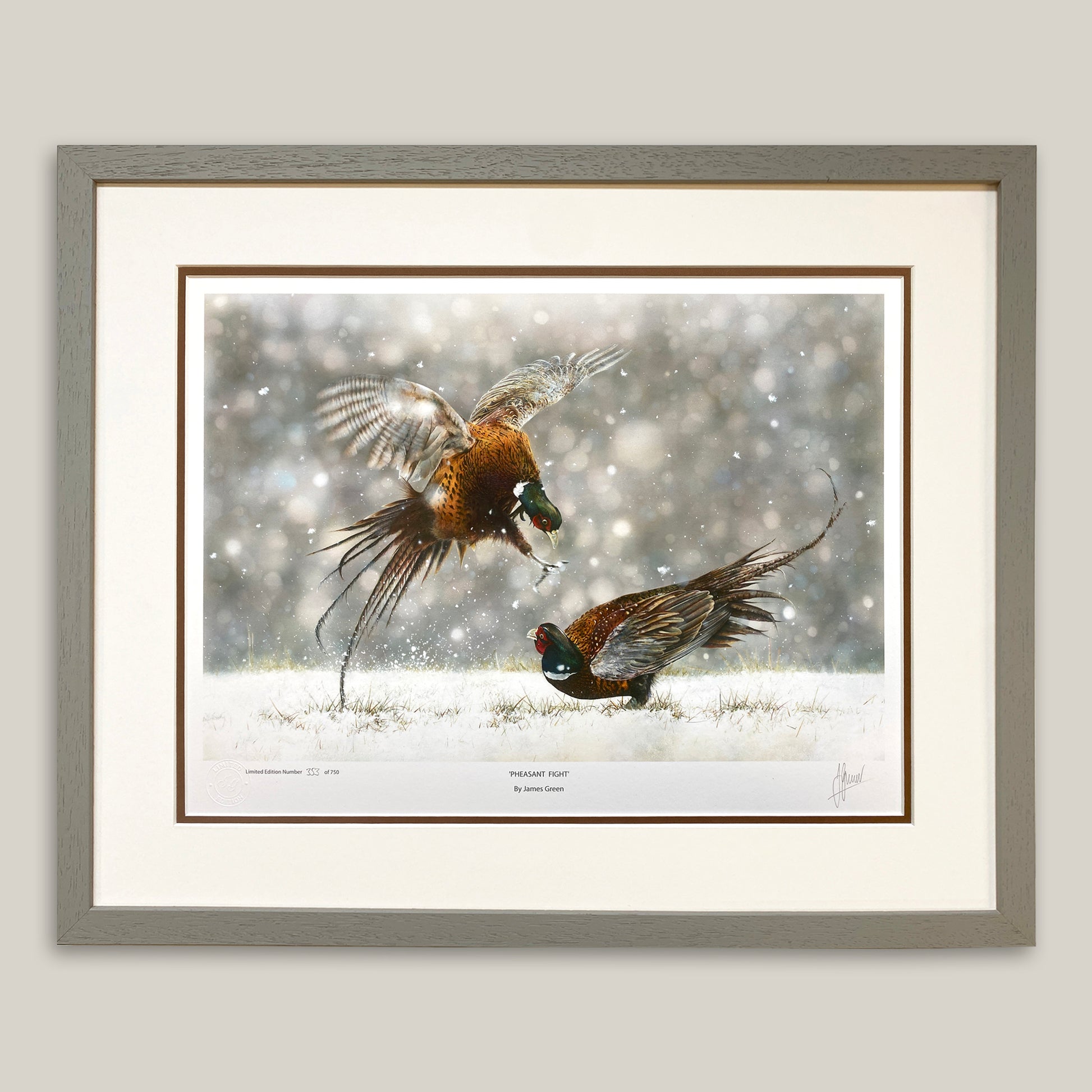 pheasant painting in a grey frame