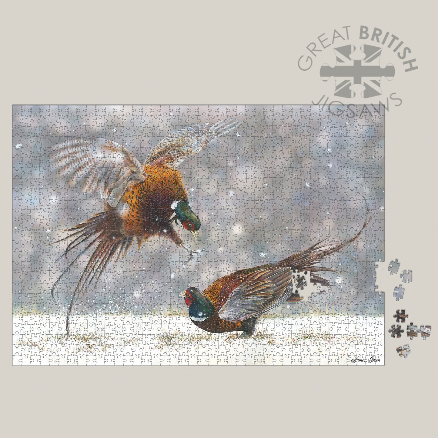 Pheasants fighting on a 1000 piece jigsaw puzzle