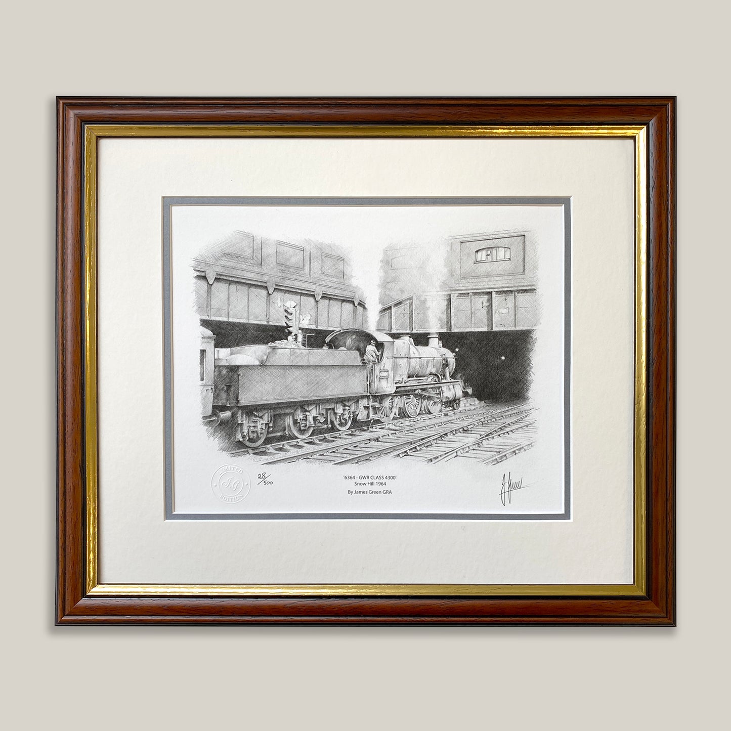 Steam locomotive pencil artwork at Snow Hill, framed in a dark wood moulding 