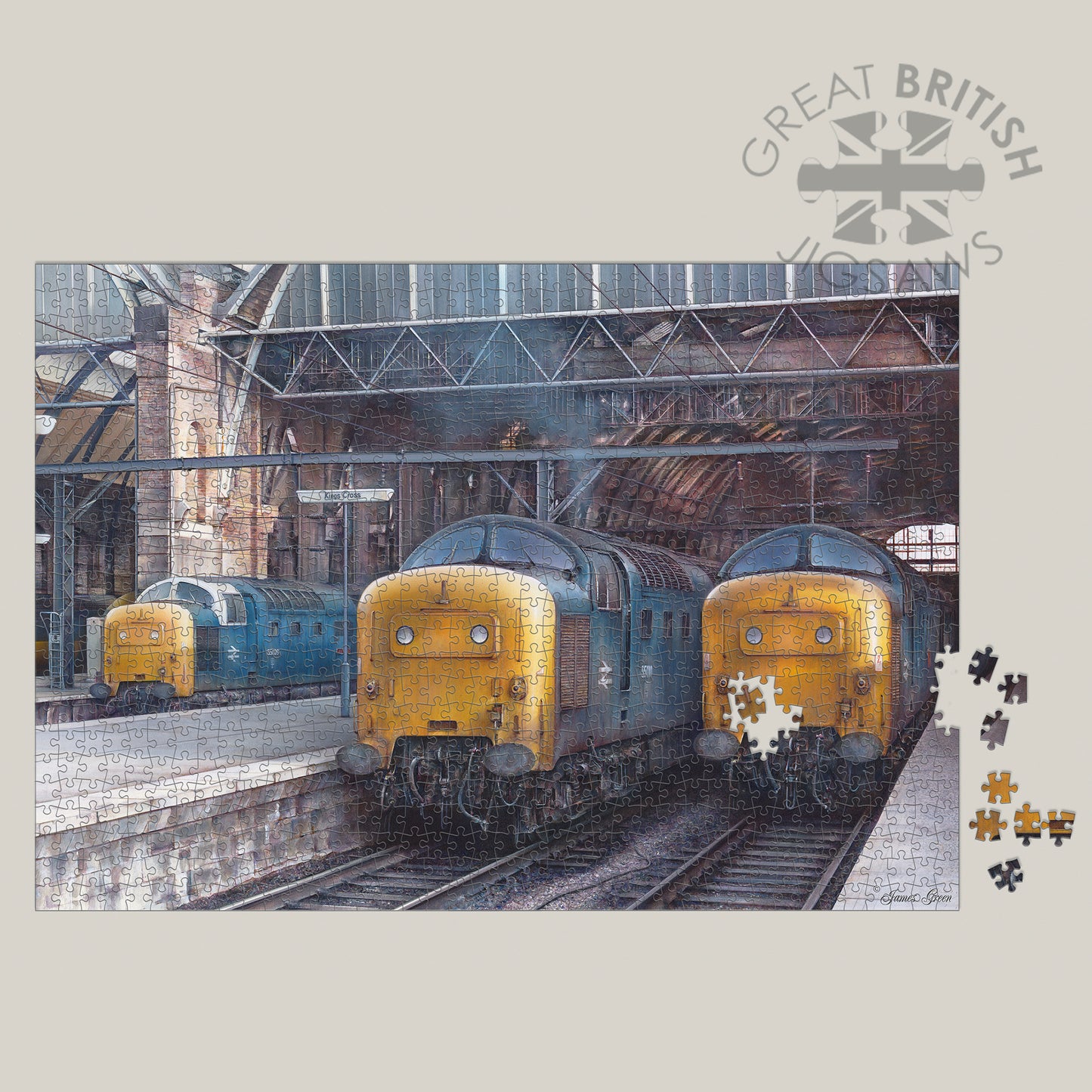 three blue deltics as King's Cross on a 1000 piece jigsaw puzzle