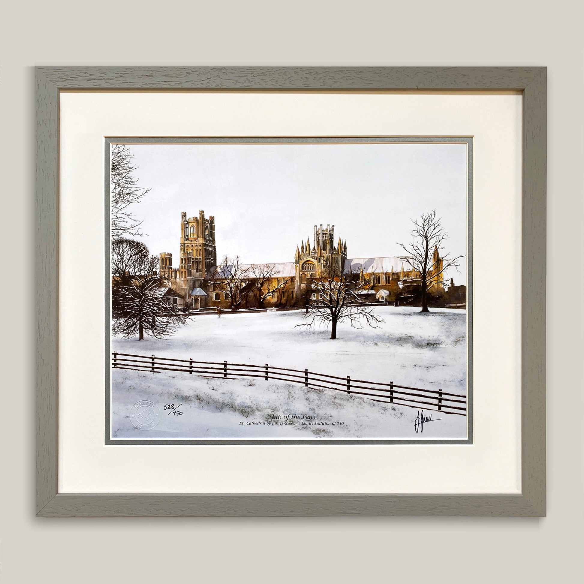 watercolour painting of Ely cathedral  in a light grey frame