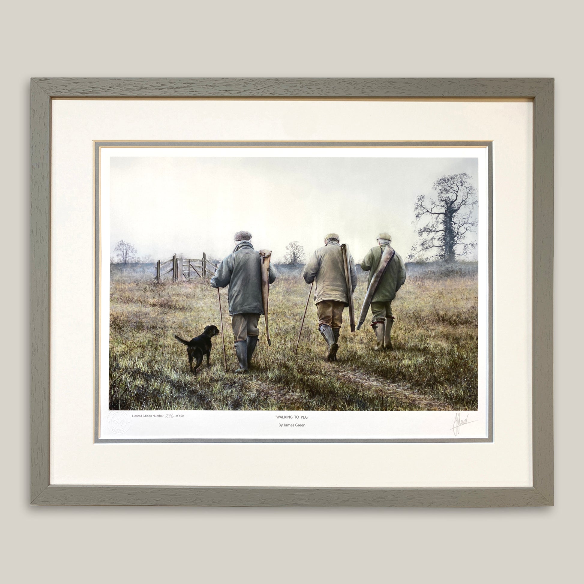 James Green painting showing shooters and gun dog walking to peg