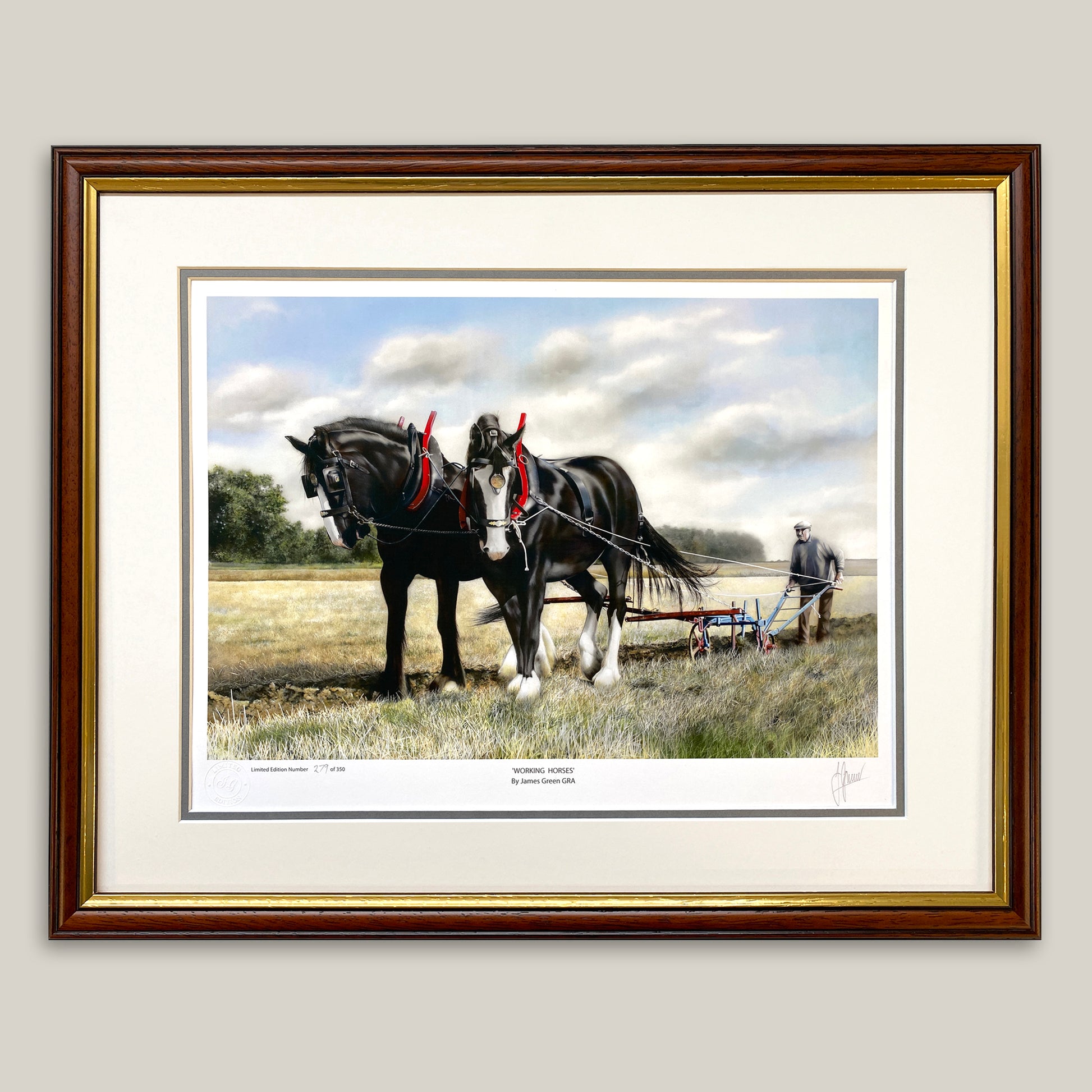 Working horses painting framed in dark wood